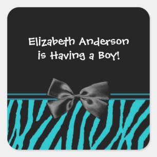 Sticker Carré Baby shower Turquoise Et Black Zebra Print Boy