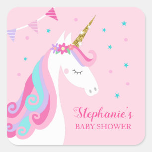 Sticker Carré Baby shower Unicorne rose