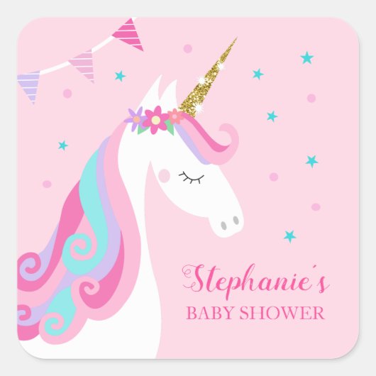 Sticker Carré Baby shower Unicorne rose (Devant)