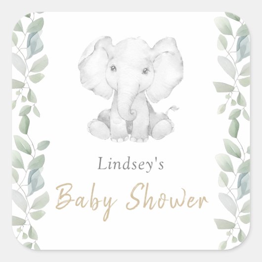 Sticker Carré Baby shower vert Eucalyptus petit éléphant (Devant)