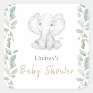 Sticker Carré Baby shower vert Eucalyptus petit éléphant
