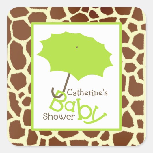 Sticker Carré Baby shower vert parapluie et girafe Imprimer (Devant)