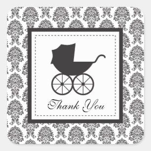 Sticker Carré Baby shower vintage Damask Baby Carriage