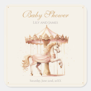 Sticker Carré Baby shower vintage d'aquarelle de cheval rose