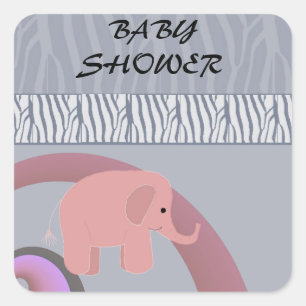Sticker Carré Baby-Showr éléphant rose