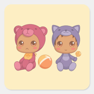Sticker Carré Baby Twins Bear Chat Jumpsuit 3 Jaune
