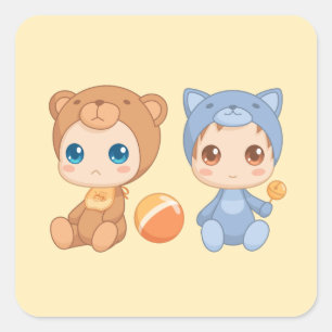 Sticker Carré Baby Twins Bear Chat Jumpsuit sur Jaune 2