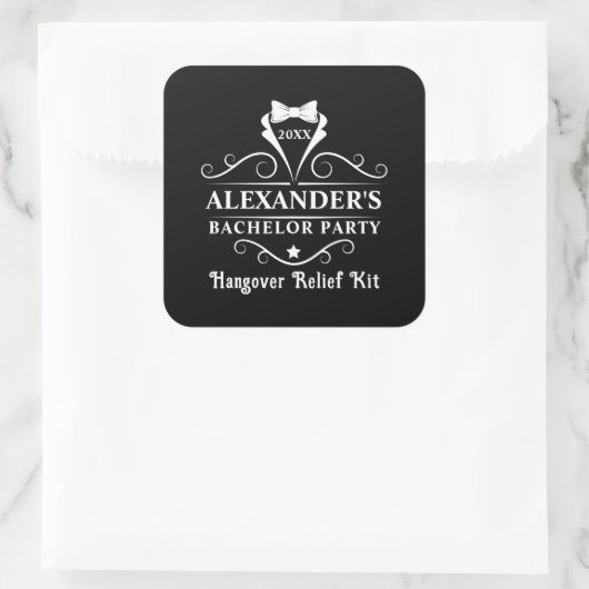 Sticker Carré Bachelor Party Tuxedo Cravate Hangover relief noir (Sac)