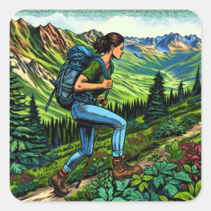 Sticker Carré Backpacking Girl Randonnée le sentier