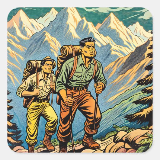 Sticker Carré Backpacking Men Randonnée Trail à travers les mont (Devant)
