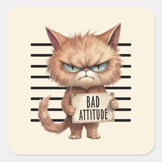 Sticker Carré Bad Attitude Chat Mugshot - Drôle Feline Design (Devant)