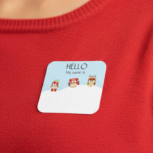 Sticker Carré Badge de nom de fête de Noël avec des hiboux