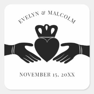 Sticker Carré Bague de Claddagh irlandais Simple Mariage noir et
