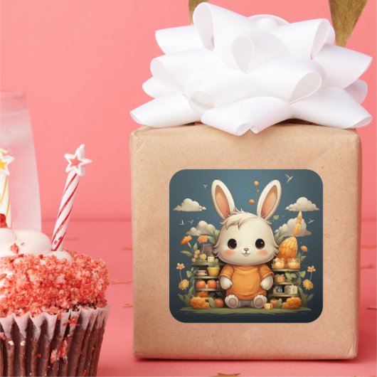 Sticker Carré Baguette de lapin mignonne (Fête)