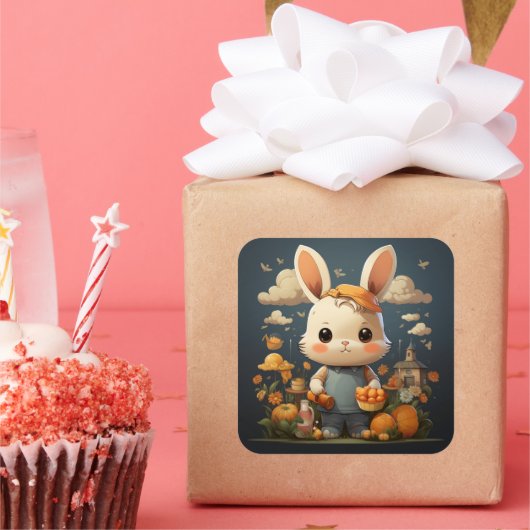 Sticker Carré Baguette de lapin mignonne (Fête)