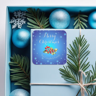 Sticker Carré Baies de houx rouges bleu glacé Joyeux Noël 