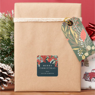 Sticker Carré Baies rouges+Eucalyptus Joyeux Noël/Personnalisé