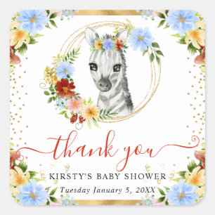 Sticker Carré Bain de bébé Fleur de Jungle Mignon Zèbre Aquarell