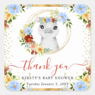 Sticker Carré Bain de bébé Fleur de jungle mignonne hippopotame 