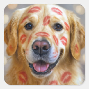 Sticker Carré Baisers de rouge à lèvres sur un Golden Retriever