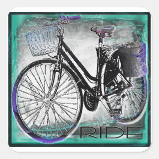 Sticker Carré Balade vintage à vélo Turquoise
