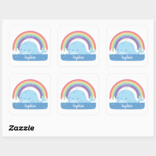 Sticker Carré Baleine mignonne et arc-en-ciel, nom d'enfants col