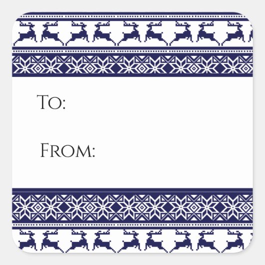 Sticker Carré Balise cadeau de Noël, Folk Scandinave Bleu & Blan (Devant)