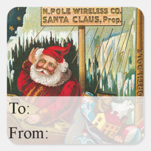 Sticker Carré Balise cadeau de Noël Vintage de Radio Père Noël