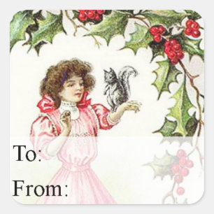 Sticker Carré Balise cadeau de Noël vintage fille et écureuil
