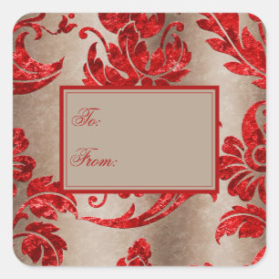 Sticker Carré Balise cadeau Elegant Red Gold Faux Velvet Damask