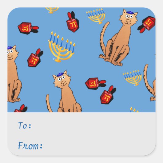 Sticker Carré Balise cadeau Hanukkah Chat Dreidel Blue (Devant)