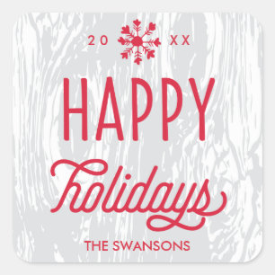 Sticker Carré Balise cadeau Retro Woodgrain Happy Holidays Stick