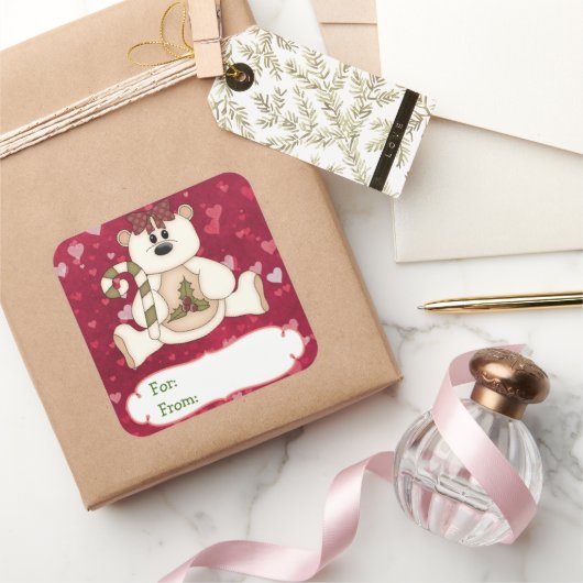Sticker Carré Balise de cadeau de Noël de l'ours d'amour (Cadeaux)