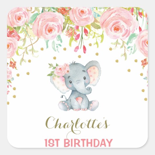 Sticker Carré Balise de l'éléphant floral Boho Anniversaire Favo (Devant)