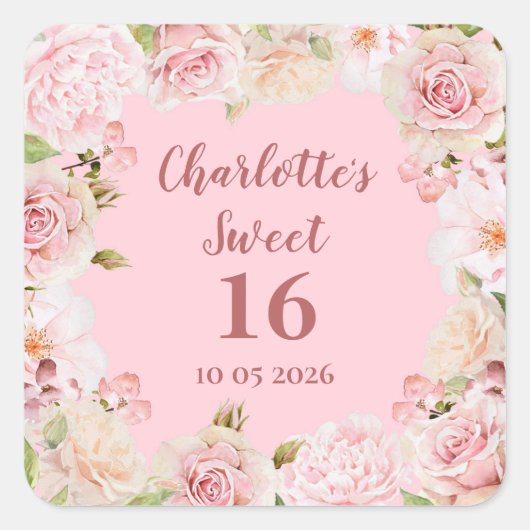 Sticker Carré Balise Fleurs roses Douces 16 Anniversaire Favor (Devant)