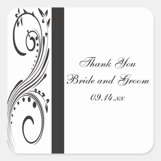 Sticker Carré Balise Mariage Merci Black and White Swirls Favor (Devant)