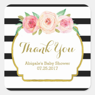 Sticker Carré Balises noires Baby shower floral rose Favoriser l