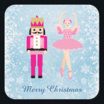 Sticker Carré Ballerina and Nutcracker on blue Christmas<br><div class="desc">Ballerina et Nutcracker sur un Sticker de Noël arrière - plan bleu neige. Vous pouvez déplacer les images (Ballerina et Nutcracker) vers le haut et vers le bas, vers la gauche et vers la droite, les redimensionner ou supprimer une des images. Ajouter votre propre texte et modifier la police, la...</div>