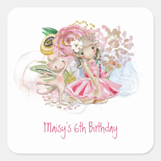 Sticker Carré Ballerina Florals Chat Rose Fille 6e fête d'annive (Devant)