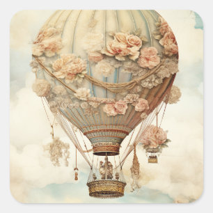 Sticker Carré Ballon à air chaud vintage Steampunk Floral Blue (