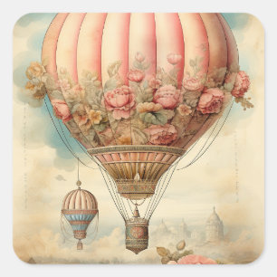 Sticker Carré Ballon à air chaud vintage Steampunk Rose Floral