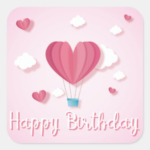 Sticker Carré Ballon de coeur rose Joyeux Anniversaire romantiqu