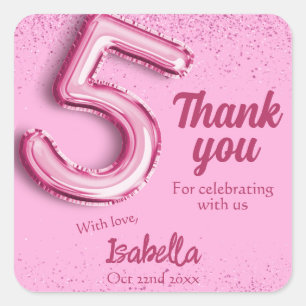 Sticker Carré Ballon rose pailleté mignon n°5 fille 5ème anniver