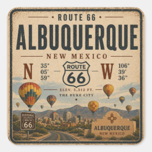Sticker Carré Ballons à Air Chaud Route 66 Albuquerque Art Vinta
