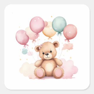 Sticker Carré Ballons Baby shower en aquarelle mignonne Ours en 