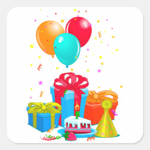 Sticker Carré Ballons Colorés, Boîtes Cadeaux et Gâteau d'Annive