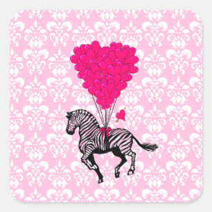Sticker Carré Ballons de coeur rose et zèbre vintage