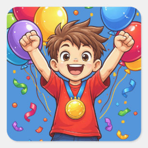 Sticker Carré Ballons de fête pour enfant champion Confettis