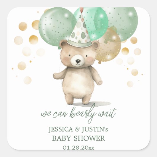 Sticker Carré Ballons Ours Teddy Baby shower Or Vert (Devant)