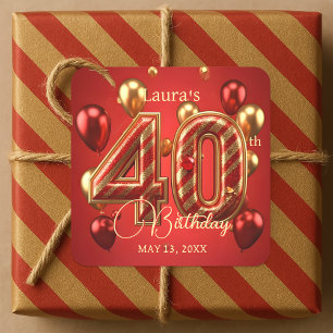 Sticker Carré Balloons étincelants rouge rubis et or pour 40 ans
